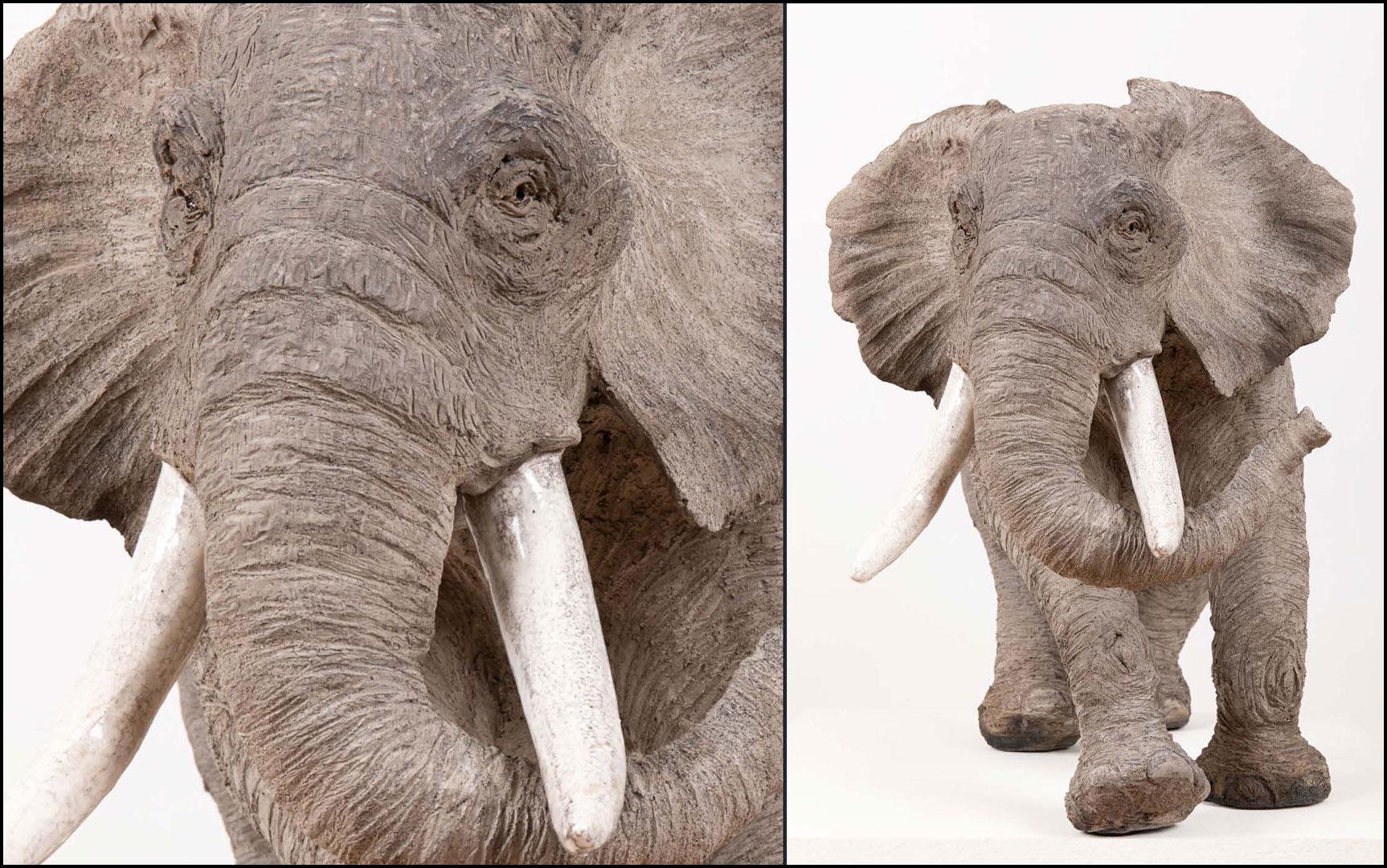 Eléphant d’Afrique « Grand Mâle » - céramique Raku - 75x55x37 cm